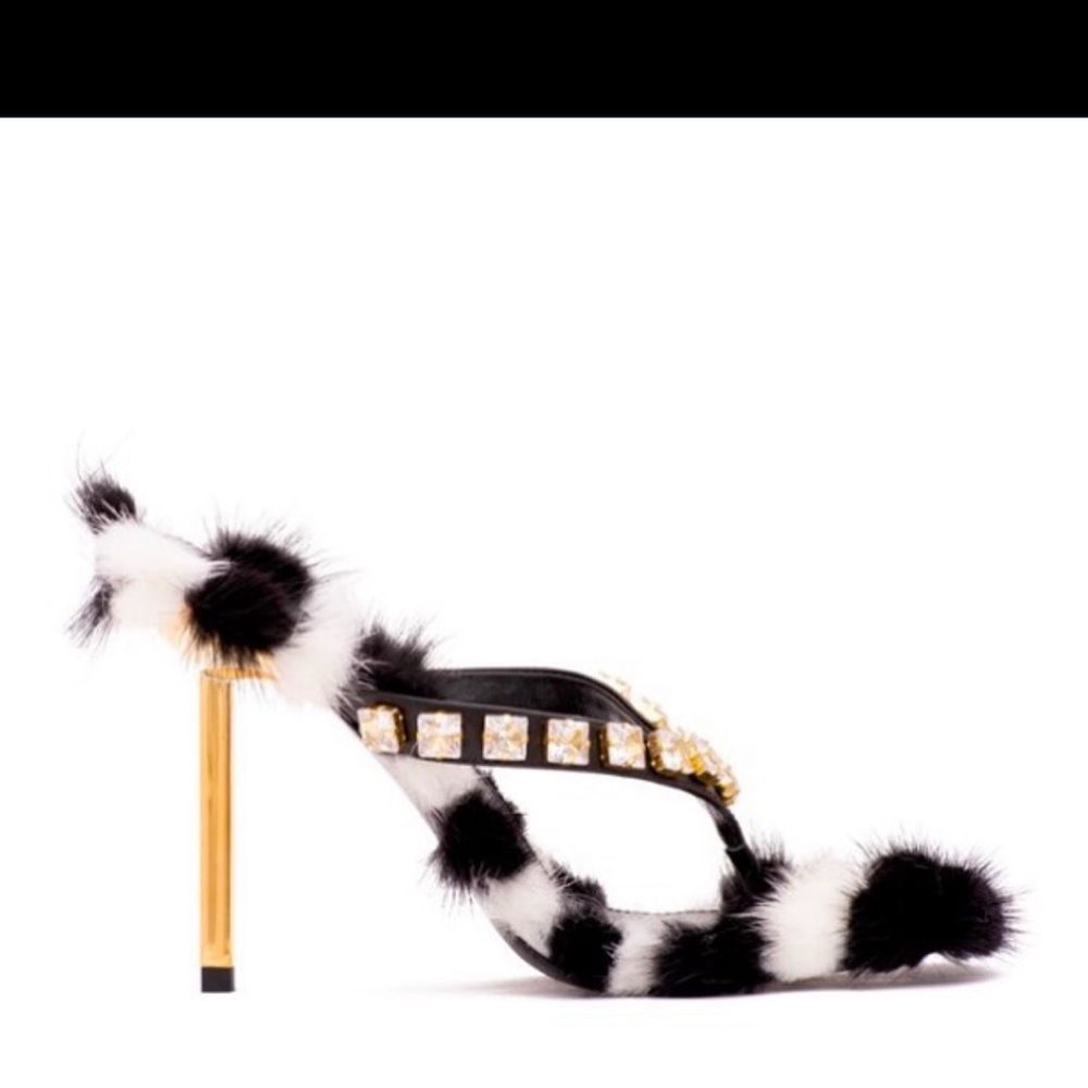 ZSA ZSA I AM Jenniferle black and white mink jeweled sandals   (worn 1x)